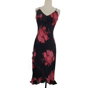 Y2K Express Midi Slip Dress Sz 7/8 Black Red Floral Ruffle High Low Dark Romanti